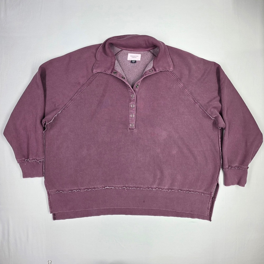 American Eagle Womens Snap Neck Sweatshirt Purple Raw Edge Seam Pullover Small